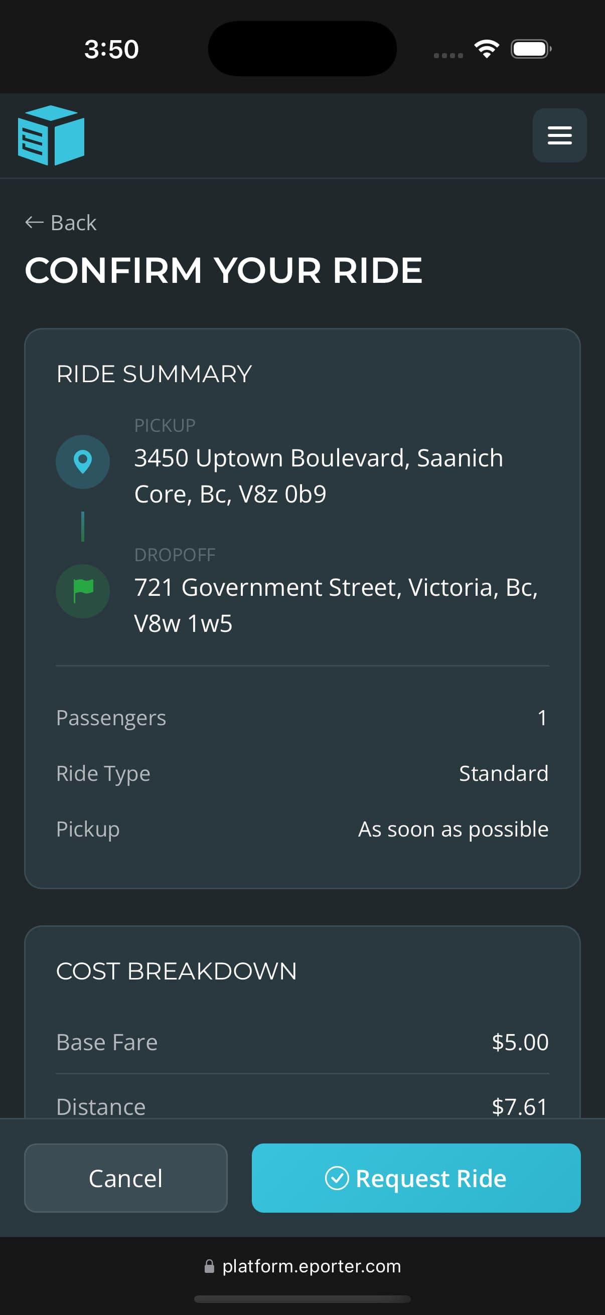 E-Porter rider app screenshot 3 of 4