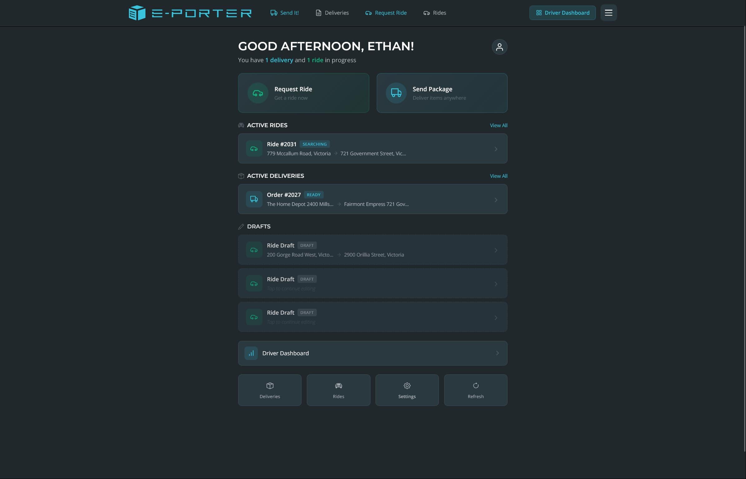 E-Porter sender dashboard, view 1 of 4
